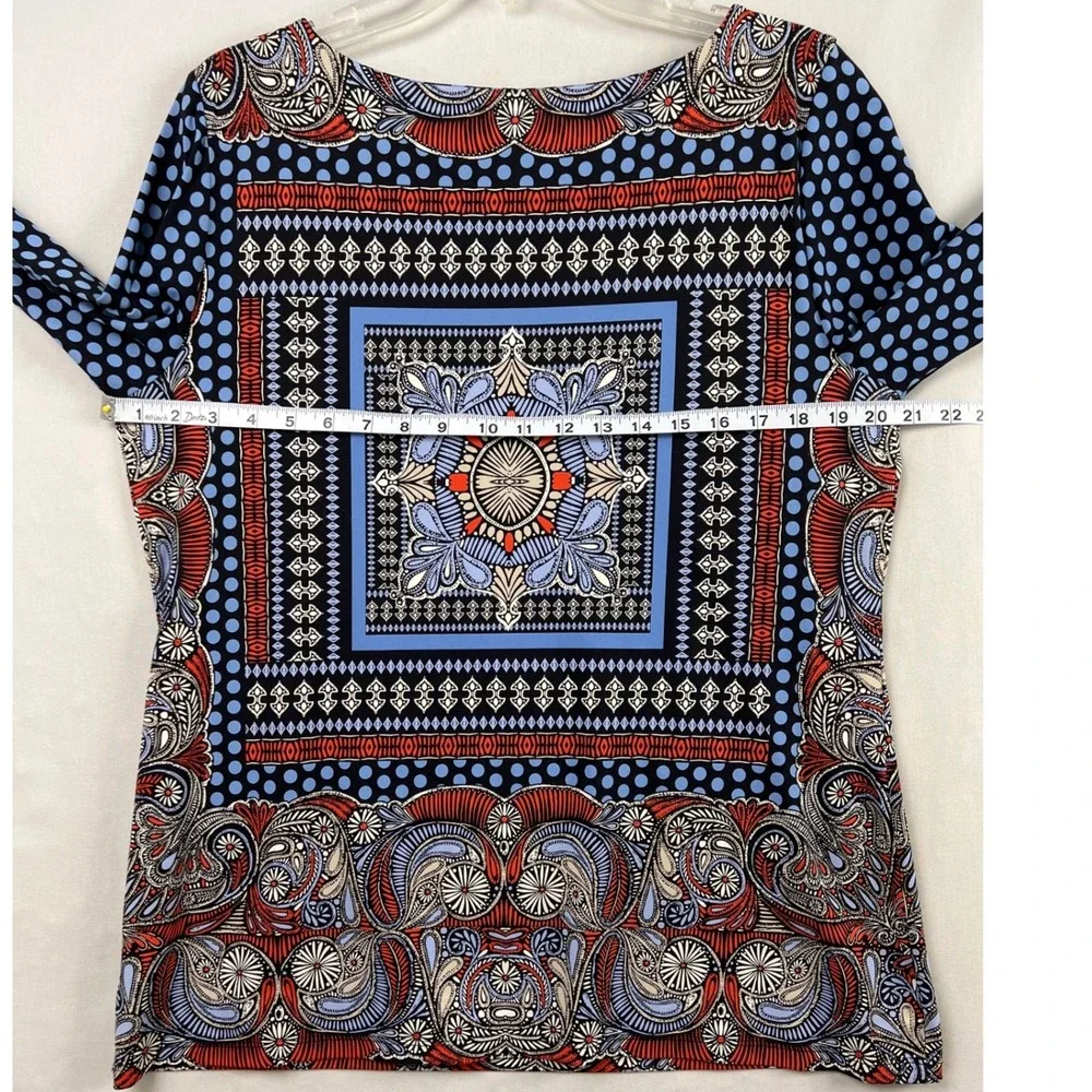 Charter Club Tunic Top Women Large Blue Red Paisley Polka Dot Stretch 3/4 Sleeve